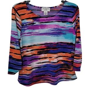 Peck&Peck Petite Abstract Top Womens PM Multicolor 3/4 Sleeve Scoop Neck Stretch